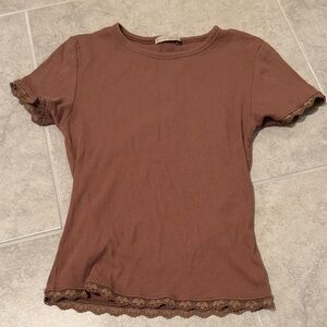 Active USA Brown Short Sleeve Top with Lace Trim